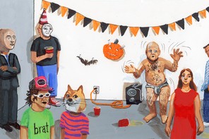 A halloween party with several characters standing around in different meme costumes. Stonks guy, Brat Summer, Doge, Distracted Boyfriend and Dancing Baby are in attendance.