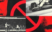 A collage of Vladimir Putin, a soccer match, and a race car