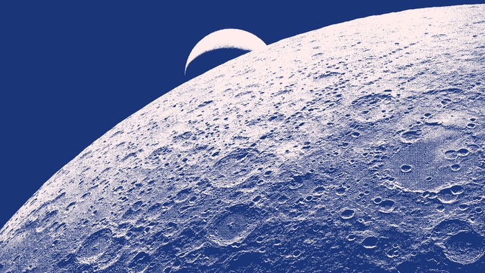 A blue-tined photo showing the Earth setting behind the moon