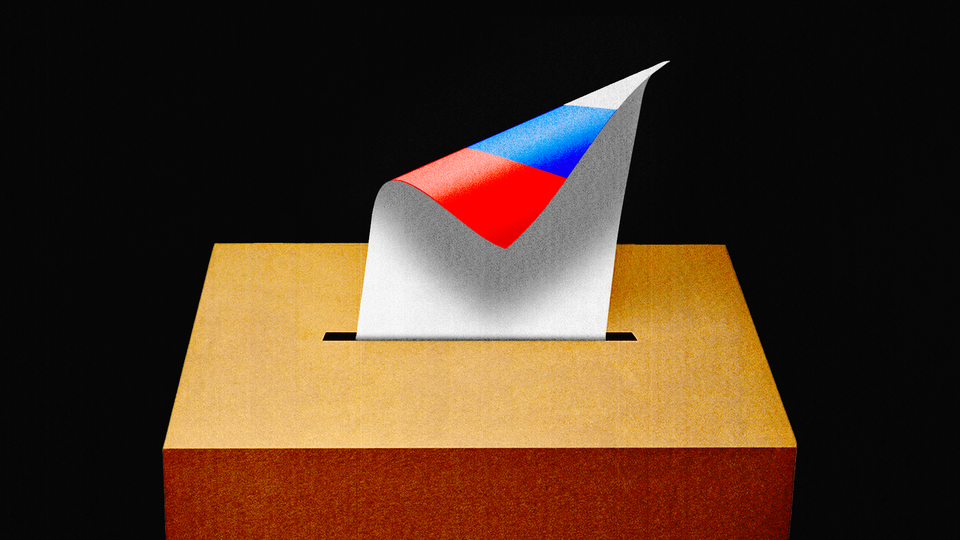 Illustration showing ballot box, with a ballot that is white on one side but the shows the Russian flag on the other side.