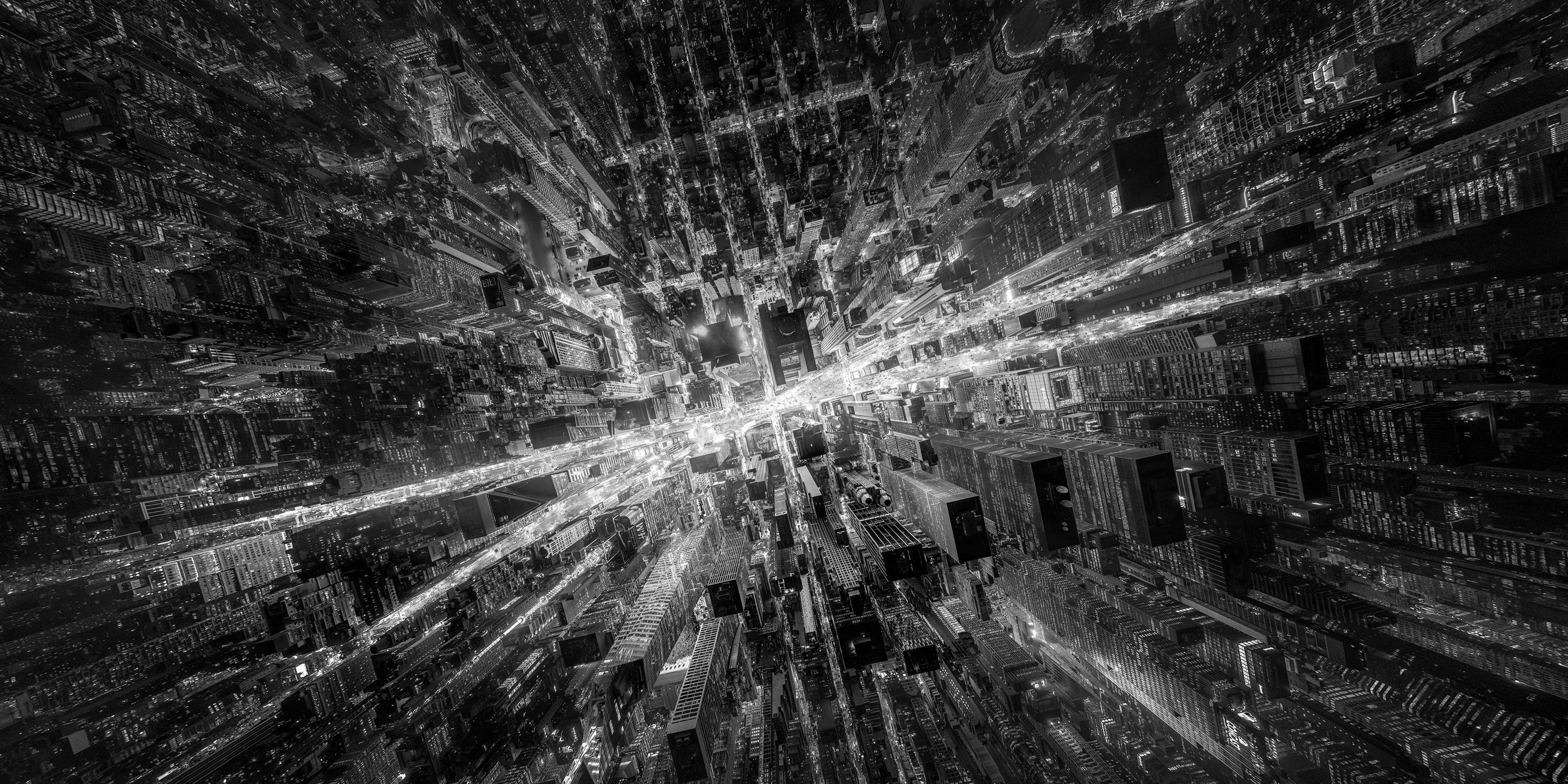 An overhead view from a drone of an illuminated times Square in New York City