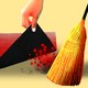 An illustration of a broom sweeping red coronavirus particles under a red rug