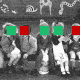 Illustration of kids with red and green squares covering their faces.