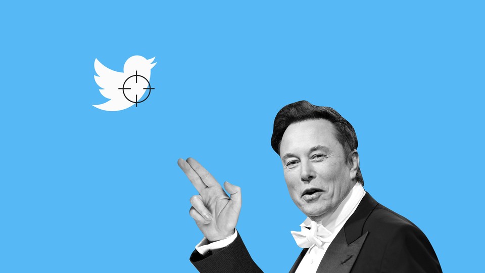 Photo illustration of Elon Musk pointing his fingers like a gun toward the Twitter logo, which has crosshairs over it.