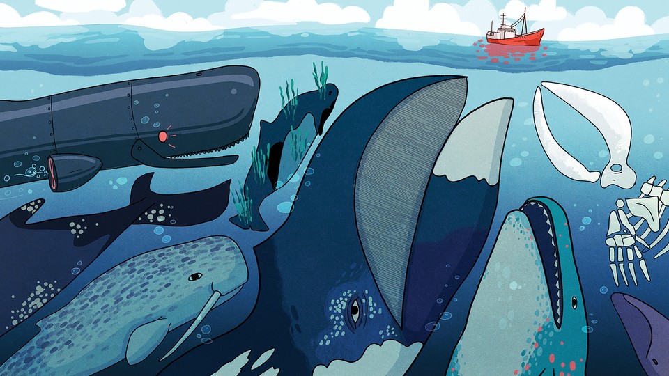 A group of whales and a robot whale crowd the sea. A red ship peacefully sails in the distance.