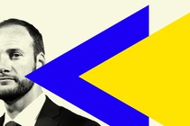 District Attorney Chesa Boudin is featured with blue and yellow triangles on a light-yellow background