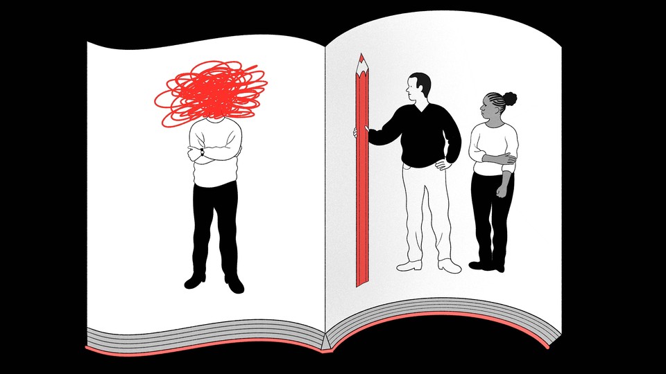 An illustration of a scrapbook: A man holding a giant red pencil stands next to a woman on one page. A man stands alone on the other page; his head is obscured by red scribbles.