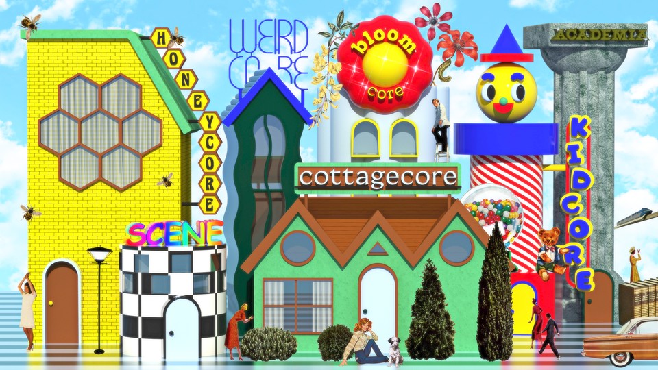 A collage of a city made up of different aesthetics and their names: cottagecore, kidcore, honeycore, weirdcore, bloomcore, academia, and scene
