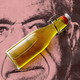 Pink-tinted portrait of RFK Jr. overlaid with a glass bottle of vinaigrette