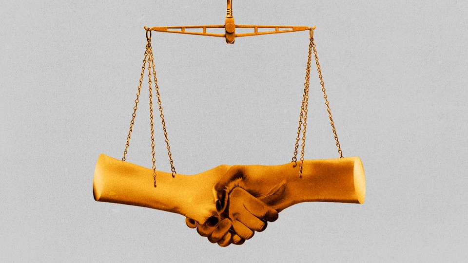 Illustration of a balanced scale holding two hands shaking.