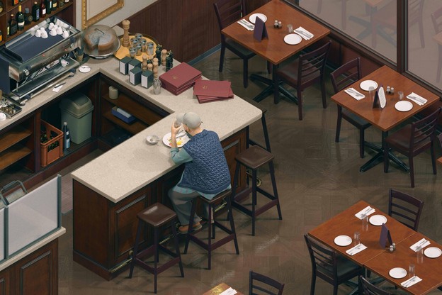 Illustration of a person sitting on stool and eating alone at diner counter, surrounded by empty tables with no other people visible.