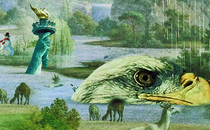A surreal scene Lady Liberty’s torch and a large eagle’s head are submerged in water.