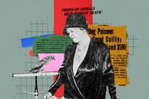 A photo collage of Juliet Tuttle with a parrot surrounded by newspaper clippings from the 1930s.