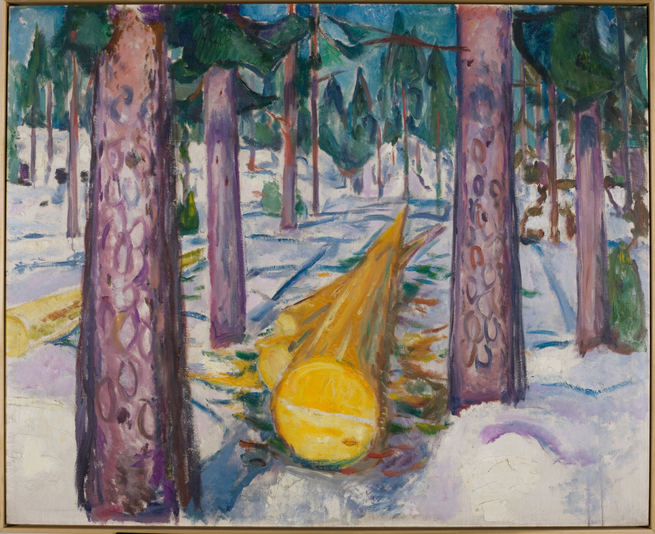 Edvard Munch painting of snowy forest with bright yellow log in center 