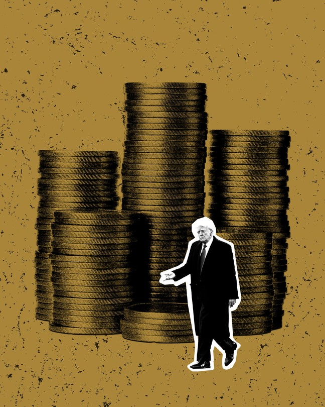 An illustration of Donald Trump walking past giant piles of coins