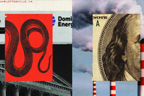 A photographic collage of money, a snake, smoke stacks, and the Supreme Court building