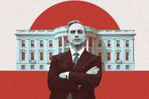 Pat Cipollone, the White House counsel, appears in a red-and-blue photo illustration with a picture of the White House behind him.