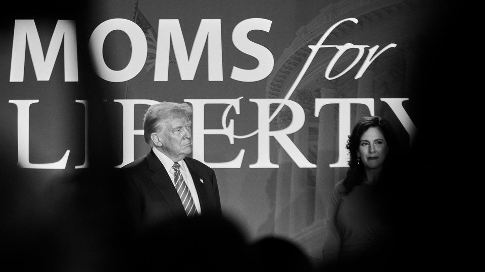 A photo of Donald Trump appearing at a Moms for Liberty event.