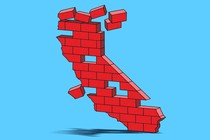An illustration of the state of California made of red bricks falling apart