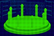 A digital model of an empty town center surrounded by tall buildings