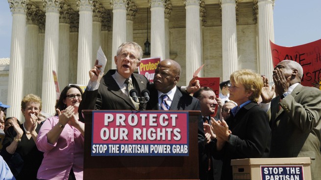 Senate Minority Leader Harry Reid, D-Nev., and Rep. John Lewis, R-Ga., during a "Rally to Stop the Partisan Power Grab" in front of the U.S. Supreme Court