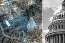 Collage of a satellite view of the Fordow nuclear-enrichment facility following U.S. strikes and the dome of the U.S. Capitol