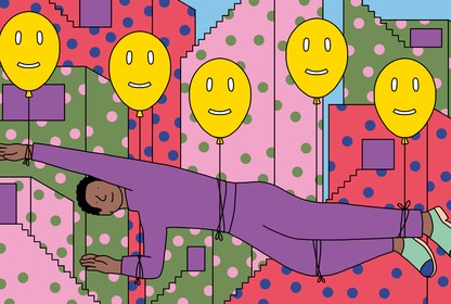 Illustration of a man floating horizontally through a colorful cityscape, carried by smiley-face balloons