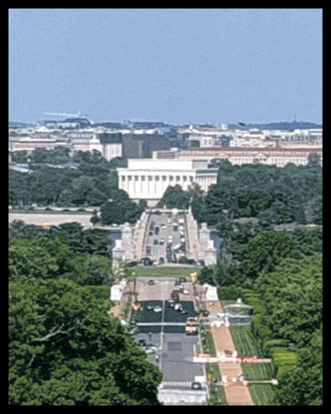 An animated color GIF showing the proposed arch obscuring the view of the Lincoln Memorial.