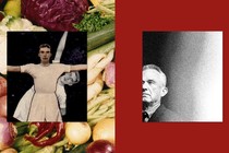 Collage of a photo of RFK Jr., a photo of vegetables, and diagrams of men in loose white clothing performing aerobic exercises