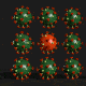 A 5 x 3 grid of coronaviruses, three are red and rest green.