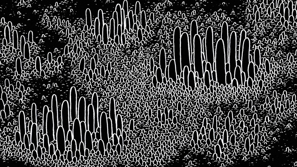 Black-and-white artist's imagination of a bacterial metropolis