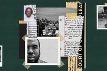 A collage of photos of C. J. Rice, police documents, Rice's letters, and crime-scene photos taped to a dark-green background