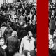 a black and white image of a crowd of people in masks. a vertical red stripe divides the image on the righthand side.