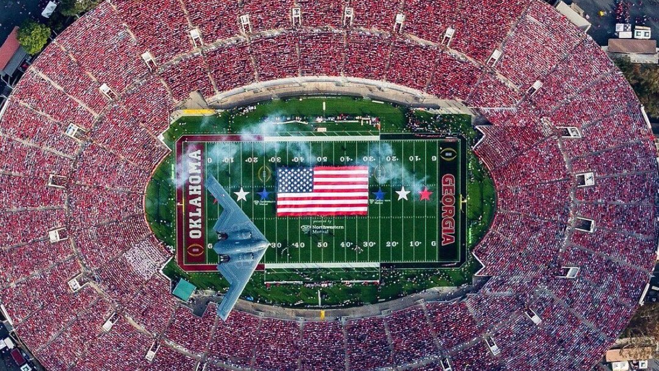 A stealth bomber flies over the Rose Bowl during the Georgia-Oklahoma game January 1, 2018