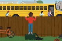 Illustration of a boy looking over a fence at kids getting on a school bus.