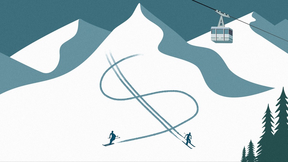 An illustration of skiers on a resort mountain