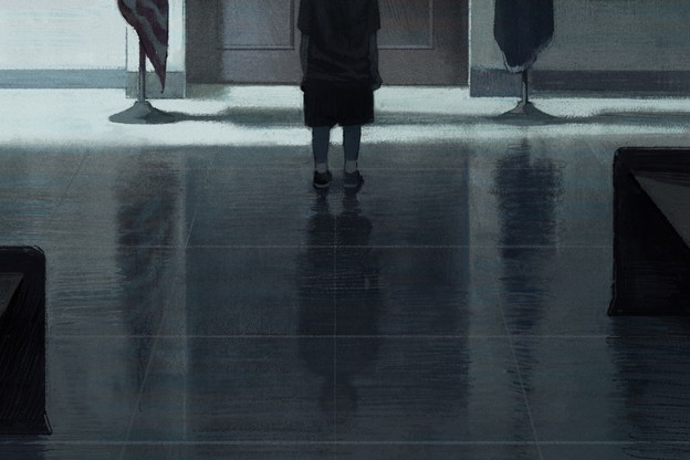 Illustration of a child from the waist down in a dark courtroom hallway.