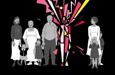 An illustration of a split family with a sister distorted into abstract chaos