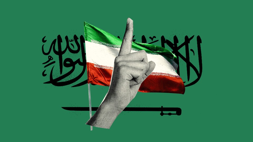 Illustration of a finger pointing upward in front of Iran's national flag