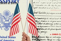 Illustration of a hand holding up two American flags in front of a U.S. passport and the U.S. Constitution