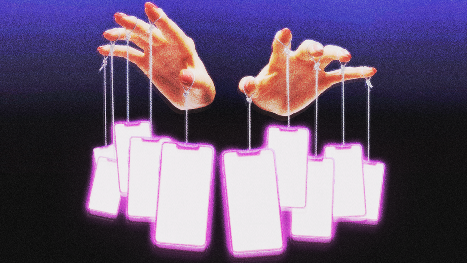 Illustration showing a puppet master's hands, but cellphones instead of puppets hang from the strings