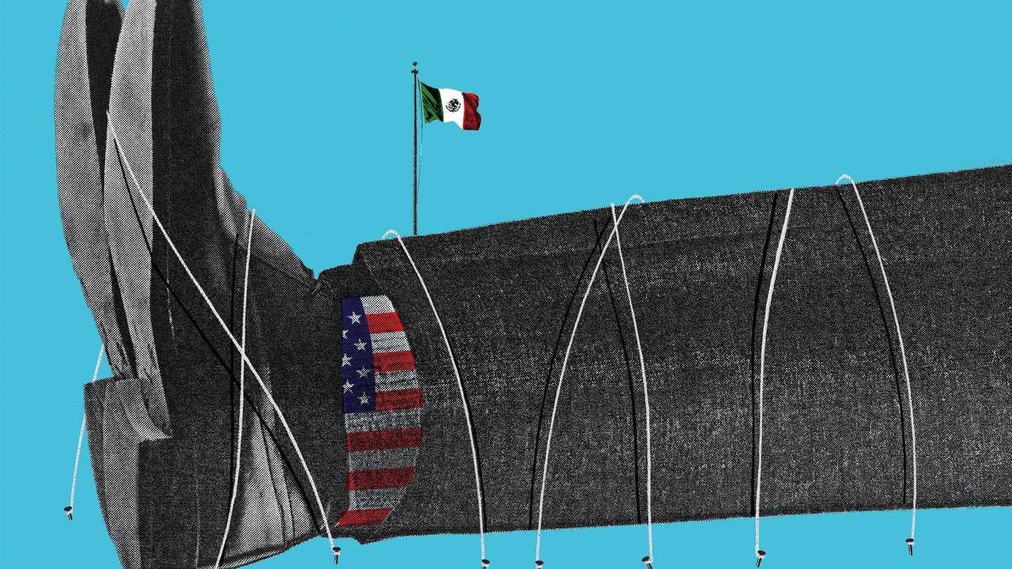 an illustration of a toppled figure in American-flag cowboy boots, with a Mexican flag extending above their ankle