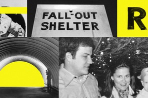 Photo collage on a bright yellow background: A bunker; a sign reading "fall-out shelter;" a person wearing a gas mask; a family photo of a man, woman, and young baby