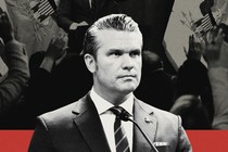 Illustration with black-and-white photograph of Pete Hegseth behind a microphone and images of people waving American flags behind him