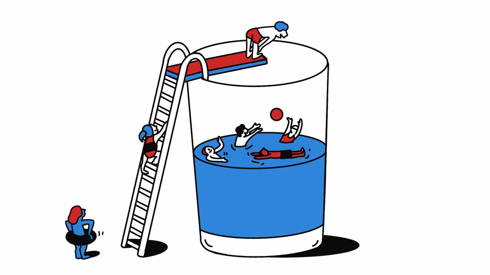 A child stands on a diving board, looking into a pool. The pool is a half-full cup of water with other kids swimming in it.