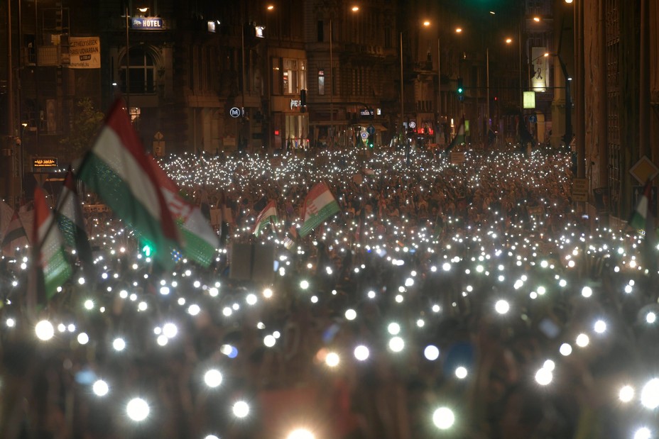 Thousands of people march during a protest in Budapest.