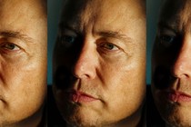 A close-up of Elon Musk's face