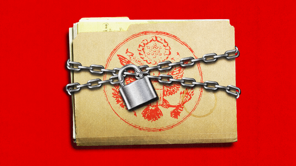 Illustration of classified documents with a chain and lock around them