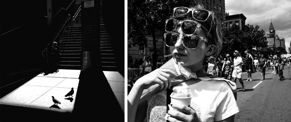 black and white photos of subway, woman with three pairs of sunglasses