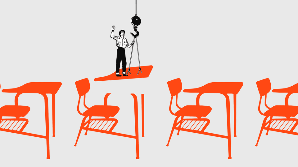 An illustration of a construction site building desks for classrooms.